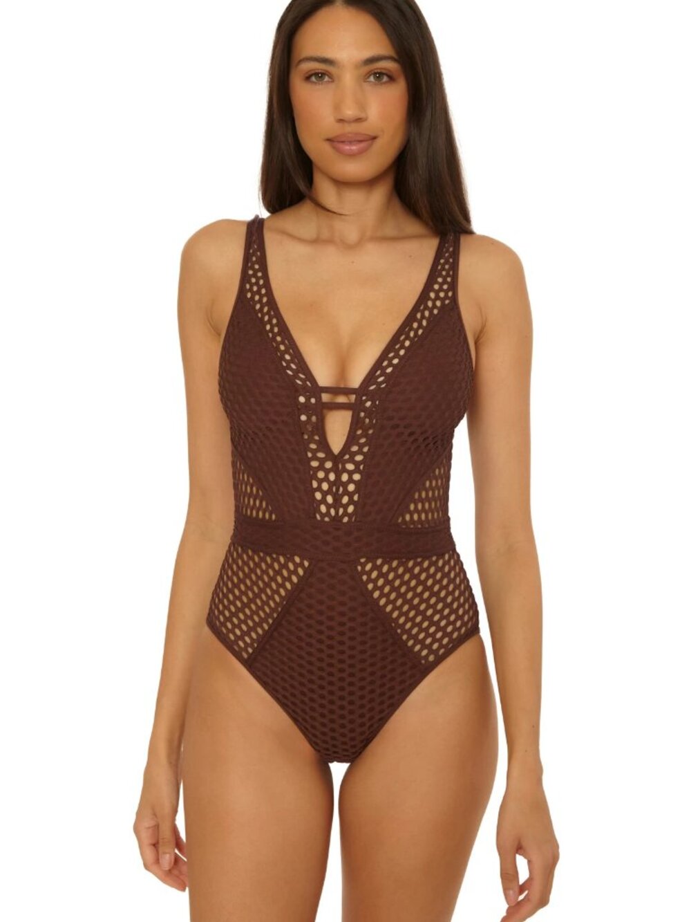 Becca Swim Castaway Crochet Plunge One Piece in Mocha size Small